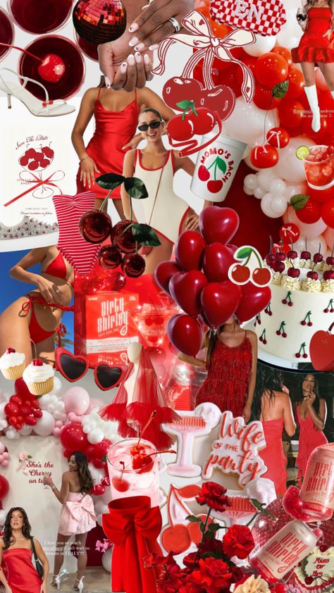 Shes The Cherry On Top Theme, Red And White Bachelorette Party, Bachelorette Mood Board Theme, Cherry On Top Party Theme, Cherry Theme Bachelorette Party, Mon Cheri Party, Cherry On Top Bachelorette, Bachelorette Theme Days, She’s A Cherry On Top