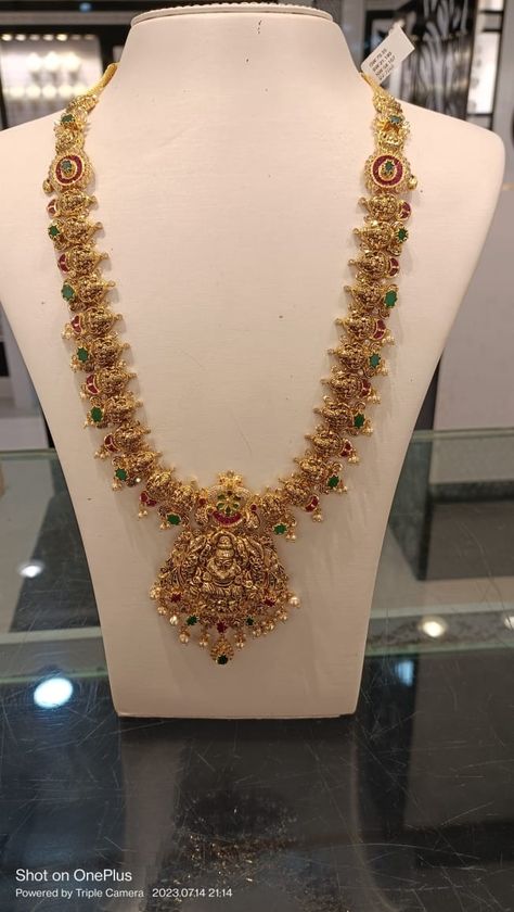 Lakshmi Devi Necklace Designs Gold, Necklace Set Indian Bridal Jewelry, Lakshmi Devi, Long Haram, Gold Jewels Design, Saree Jewellery, Engagement Pictures Poses, Gold Jewellry, Necklace Set Indian