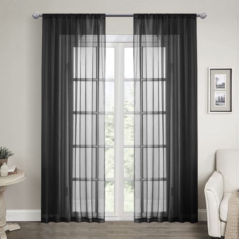 PRICES MAY VARY. 【 84 inch Sheer Curtains 】 - 2 panels black bedroom sheer curtains in package.Each curtain panel measures 52 inches wide by 84 inches window curtain sheer set. 【 Rod Pocket Sheer Curtains 】 - 3inches opening pocket fit up to 2 inches curtain rods. 1.3 to 2 times the wider than curtain rod provide a better pleated look for your windows. 【 Black Sheer Curtains 】 - Sheer enough for good air flow, also offers privacy. Can be used with your blackout curtains, dark curtains, velvet cu Long Black Curtains, Black Sheer Curtains, Window Bedroom, Black Curtain Rods, Yard Kitchen, Linen Blackout Curtains, Voile Panels, Dark Curtains, Window Treatments Bedroom