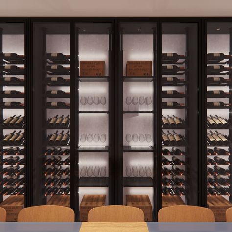 What it costs to build a custom wine wall with glass doors | MacPhee's Case Studies Double Sided Wine Wall, Wine Cellar Wall, Wine Room Design, Glass Wine Cellar, Wine Event, Wall Mount Rack, Wine Wall, Wine Display, Wine Cellars