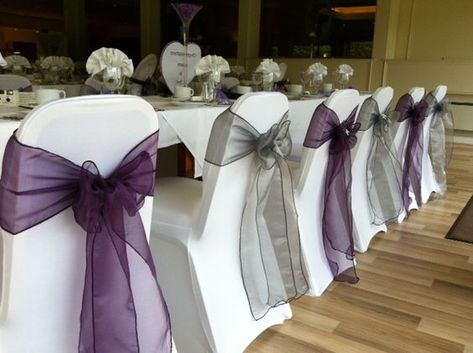 Love the use of two colours for chair sashes: Silver Decorations, Purple And Silver Wedding, Plum Wedding, Wedding Purple, Mom Wedding, Centerpiece Ideas, Wedding Table Decorations, Gray Weddings, Wedding Chairs