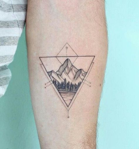 Geometric Triangle Tattoo, Tattoo Rug, Bison Tattoo, Tattoo Mountain, Geometric Mountain Tattoo, Travel Tattoo Ideas, Geometric Nature, Triangle Tattoos, Skeleton Tattoos