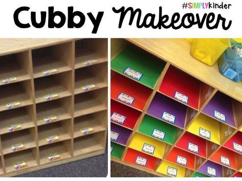 Cubby Makeover by Simply Kinder! - Simply Kinder Student Cubby Organization, Old Classroom Makeover, Cubby Name Tag Ideas, Cubbies For Classroom, Cubby Makeover, Cubby Name Tags, Classroom Cubbies, Kindergarten Organization, School Start