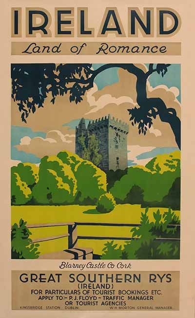 Irleand Land of Romance Vintage Travel Poster “Light tomorrow with today.”– Elizabeth Barrett Browning ireland,irland,land,of,romance,great,southern,railway,railroad,eisenbahn,railfan,,travel poster,travel,vacances,poster,travelposter,holiday,vintage,clasic,retro,coloured,wanderlust,cruise,railway,railroad,1920,1930,1940,1950, Vintage Ireland, Blarney Stone, Poster Advertising, Postal Vintage, Railway Posters, Retro Travel Poster, Irish Blessing, A Castle, Ireland Travel