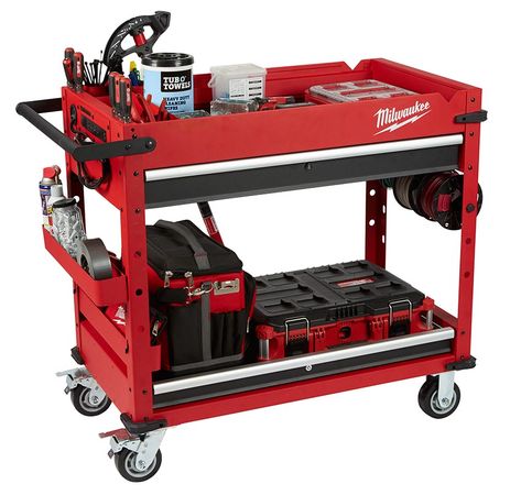 Milwaukee Steel Work Cart 48-22-8590 | Pro Tool Reviews Work Cart, Industrial Casters, New Milwaukee Tools, Movable Storage, Power Tool Storage, Automotive Shops, Tool Cart, Capacity Building, Tool Cabinet