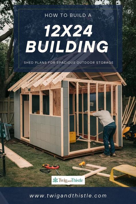 Conquer clutter and maximize your storage space with a 12x24 building! This guide from Twigandthistle.com provides downloadable 12x24 building plans to create a spacious and functional shed. Explore options for constructing a 12x24 storage building out of wood or metal to suit your needs. Learn the benefits of a portable building 12x24 for ultimate flexibility. Visit Twigandthistle.com and say goodbye to storage woes with a DIY 12x24 building project! 12x24 Shed Plans, 12x24 Shed, Backyard Workshop, Diy Sheds, Pallet Shed Plans, Portable Building, Pole Barn Plans, Witchy Cottage, Building A Storage Shed