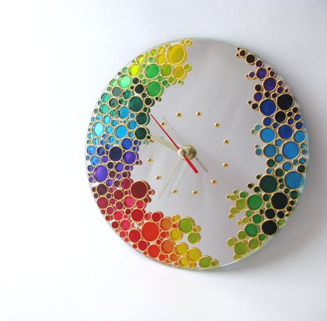 This bubbly clock. | 22 Ways To Fill Your Home With Color Glass Painting Patterns, زجاج ملون, Colored Bubbles, Handmade Wall Clocks, Rainbow Bubbles, Glass Painting Designs, Mirror Wall Clock, Mirror Design Wall, Wall Clock Design