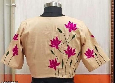 Saree Blouse Painting Designs, Fabric Paint Designs In Blouse, Hand Painted Blouse Back, Lotus Painting On Blouse, Fabric Paint Designs On Blouse, Lotus Fabric Painting, Lotus Embroidery Design Blouse, Fabric Paint Designs Blouse, Blouse Painting Designs Latest