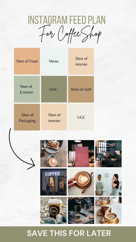 Instagram Feed Plan, Restaurant Social Media Ideas, Coffee Shop Instagram, Post Ideas Instagram, Instagram Feed Tips, Opening A Coffee Shop, Instagram Post Ideas, Coffee Shop Branding, Coffee Shop Business