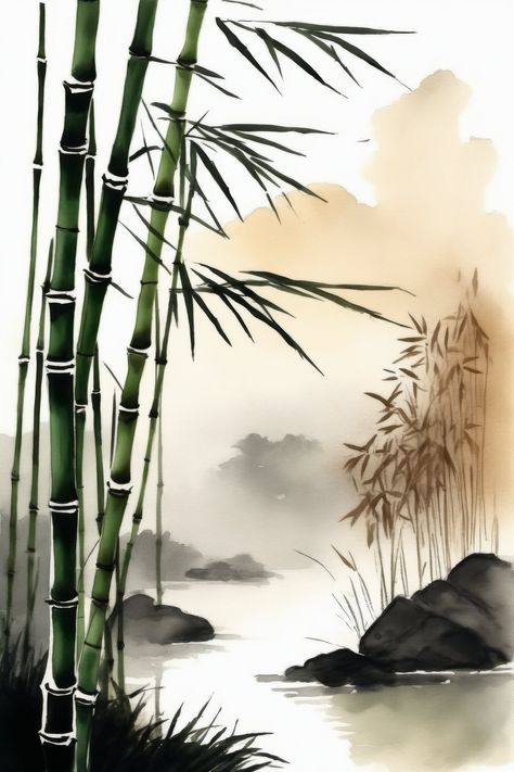 Japanese Bamboo Art, Asian Art Projects, Star Wars Travel Posters, Bamboo Image, Watercolor Digital Art, Bamboo Trees, Japanese Ink Painting, Bamboo Print, Zen Painting