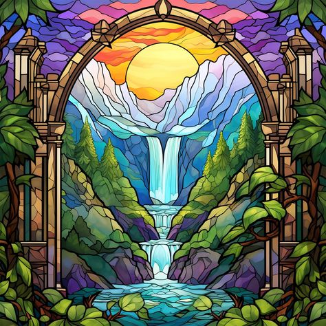 Please read the entire page carefully before you buy! Beautiful stained glass image of a wilderness landscape. A waterfall cuts through the greens and browns of a forested canyon. Gorgeous piece for a colorful wall art, shoulder bag, accent pillow or a jacket back patch. This pattern makes a wonderful challenging project for yourself or for the avid cross stitcher in your life. This piece looks great on 18 count Aida cloth however if you are in need of a different version it can be stitched on 1 Stained Glass Patterns Landscape, Jacket Back Patch, Aida Cloth, Sketches Simple, Stained Glass Designs, Cute Coloring Pages, Stained Glass Patterns, Colorful Wall Art, Accent Pillow