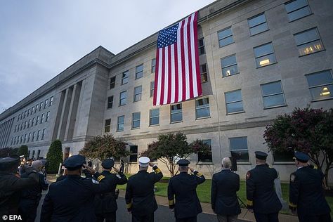 American flag is unfurled at the Pentagon for 9/11 ceremony Tribute In Light, North Tower, Memorial Ceremony, The Pentagon, Moment Of Silence, Twin Towers, Lower Manhattan, West Side, World Trade