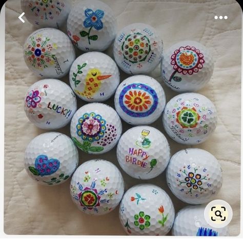 Things To Draw On Golf Balls, Golf Ball Drawing Ideas, Coloring Golf Balls, Paint Golf Balls, Colored Golf Balls, Sharpie Golf Balls, Golf Ball Markings Ideas, Golf Balls Crafts Ideas, Painted Golf Balls Cute Ideas