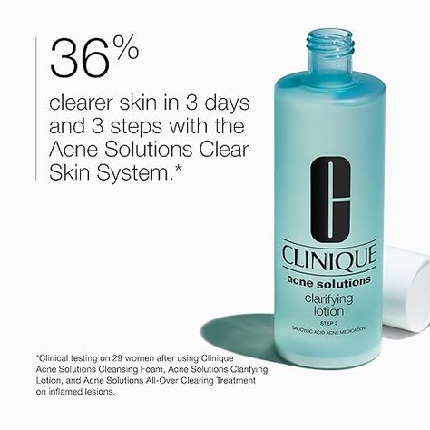 The Clinique Acne Solutions Clarifying Lotion Facial Toner is a highly effective skincare solution for combating acne and improving overall skin health. Formulated with key active ingredients like Salicylic Acid and Acetyl Glucosamine, it helps clear dead skin cells that can contribute to clogged pores. The toner also contains Lamincaria Sacharina Extract, which helps reduce shine and addresses future breakouts.#CliniqueAcneSolutions #FacialToner #SkincareSolution #ClearSkin #AcneTreatment Clinique Acne, Clinique Acne Solutions, Clinique Skincare, Acne Studio, Salicylic Acid Acne, Acne Solutions, Skin Lotion, Facial Exfoliator, Effective Skin Care Products