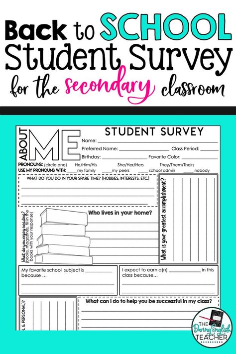 Free Back-to-School Survey for Secondary Students - | Back to School | Student Survey | All About Me Survey | High School Student Survey | Middle School Student Survey | First Week of School | First Day of School Activities Student Survey Middle School, High School First Day, Student Information Sheet, Secondary Ela Classroom, School Icebreakers, Student Survey, Middle School Activities, First Week Of School Ideas, High School Activities