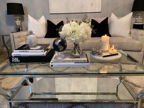 Contemporary Coffee Table Decor, Square Coffee Table Styling, Glass Coffee Table Styling, Styling Coffee Table, Glass Coffee Table Decor, Modern Coffee Table Decor, Rectangular Glass Coffee Table, Square Glass Coffee Table, Coffee Table Arrangements