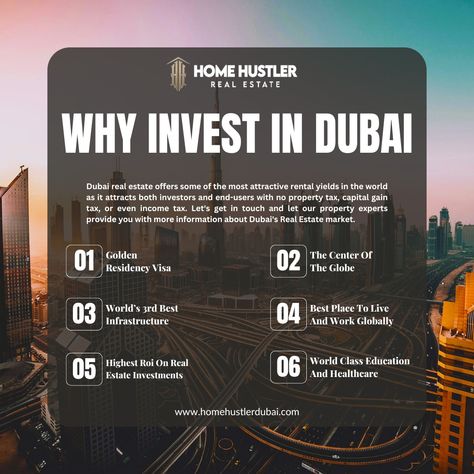 🌆 Why Invest in Dubai? 🏙️ Dubai offers some of the most attractive rental yields globally, with no property, capital gain, or income taxes. From the Golden Residency Visa to world-class infrastructure, Dubai is the ideal place for investors and end-users alike. Let our experts guide you in exploring the endless opportunities in Dubai’s real estate market. For more details, get in touch with us today! Key Reasons to Invest in Dubai: 1️⃣ Golden Residency Visa 2️⃣ The Center of the Globe 3️⃣ ... Luxury Real Estate Creative Ads, Real Estate Business Plan, Dubai Real Estate, Endless Opportunities, Live Wallpaper Iphone, Best Places To Live, Real Estate Business, Income Tax, Business Plan