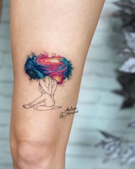 Thigh Tattoos For Women, Girl Thigh Tattoos, Special Tattoos, Thigh Tattoos, Tatuaje A Color, Watercolor Galaxy, Spiritual Tattoos, Thigh Tattoos Women, E Tattoo