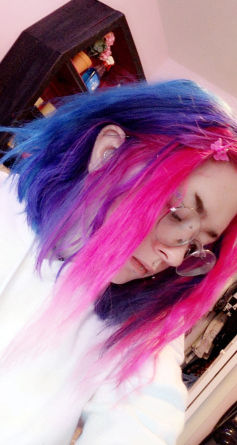 Arctic Fox Poseidon, Arctic Fox Violet Dreams, Manic Panic Hot Hot Pink. Hot Pink And Blue Hair, Arctic Fox Poseidon, Mens Hair Long, Pink And Blue Hair, Weird Haircuts, Blue And Pink Hair, Rocker Hair, Split Dye, Dyed Hair Blue