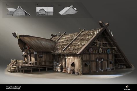 ArtStation - Viking House 01 / Concept Art, Leartes Studios Houses Concept Art, Norse House, Viking Houses, Village Environment, Casa Viking, Viking Hall, Fishing House, Nordic Architecture, Viking House