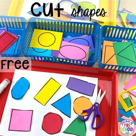 More Less Activities Preschool, Pre K Scissor Practice, Scissors Activities For Toddlers, Morning Activities For Preschoolers, Easel Activities For Preschool, Shape Centers Preschool, Pre K Art Center Ideas, Toddler Scissor Activities, Gluing Activities For Toddlers