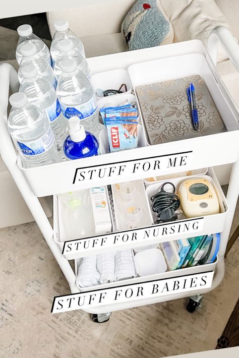 Organize Newborn Stuff, Nursing Cart Organizer Ideas, Nursing Utility Cart, Nursing Essentials Cart, Nursing Organization Ideas, Baby Bedside Cart, Post Partum Bedside Cart, Baby Cart Organizer, Bedside Baby Cart