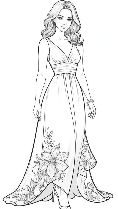 Colouring Pages Of People, Fashion Colouring Pages, Boy In Dress Drawing, Bodycon Dress Drawing, Summer Dress Drawing, Colouring Pages For Adults Printable Free, Fashion Dresses Drawing Sketches, Dress Art Drawing, Pretty Coloring Pages