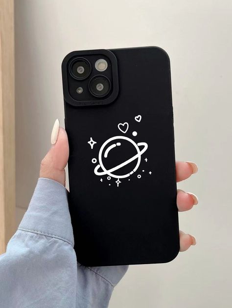 Black  Collar  TPU Cartoon Phone Cases Embellished   Phone/Pad Accessories Black Cute Phone Cases, Phone Covers Diy Black, Black Phone Cover Painting Ideas, Black Phone Case Diy, Ideas Para Pintar Tu Funda, Black Phone Case Ideas, Design For Phone Cover, Phone Cover Painting Ideas, Phone Cover Art