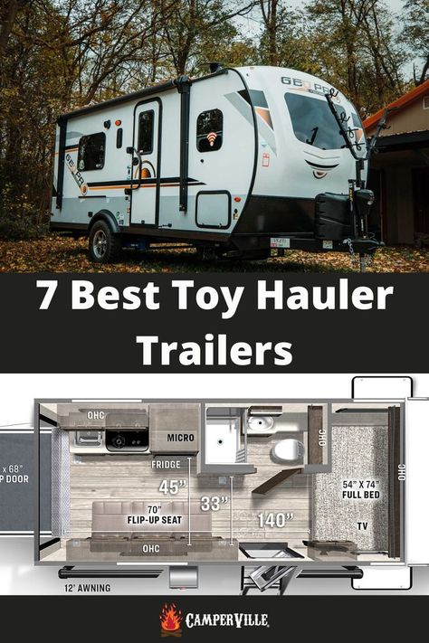 best toy hauler travel trailers - with external and layout images Toy Trailer Camper, Box Trailer Camper Conversion Toy Hauler, Small Toy Hauler Camper, Diy Toy Hauler, Camper Revamp, Toy Haulers For Sale, Hauling Trailers, Toy Hauler Trailers, Toy Hauler Camper