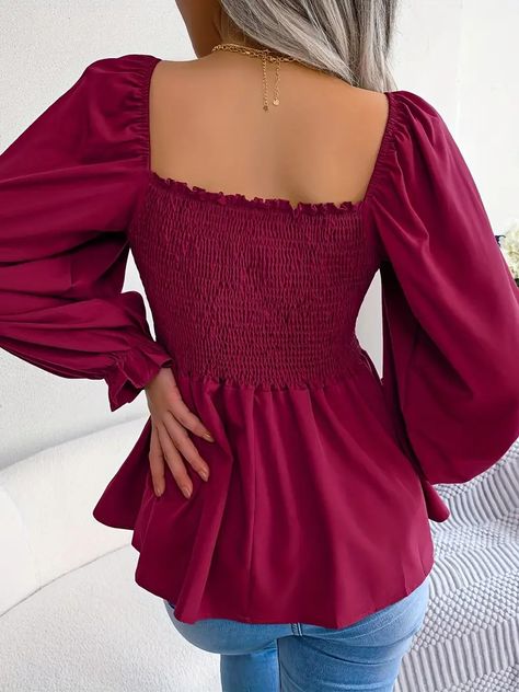 Ruffle Hem Lantern Sleeve Blouse, Solid Long Sleeve Blouse, Casual Every Day Tops, Women's Clothing - Temu Long Sleeve Chiffon Shirt, Chiffon Long Sleeve, Chiffon Shirt, Puff Sleeve Top, Chiffon Blouse, Ladies Tops Fashion, Chiffon Fabric, Olivia Mark, Coats Jackets Women