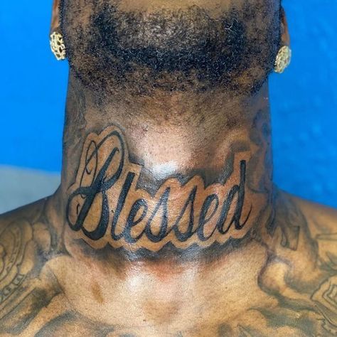 Black Hood Tattoos For Men, Blessed Tattoo For Men Neck, Blessed Neck Tattoo Men, Blessed Tattoo Neck, Middle Neck Tattoo Men, Black Men Neck Tattoos, Neck Tattoo For Guys Black Men, Blessed Neck Tattoo, Front Neck Tattoo For Guys