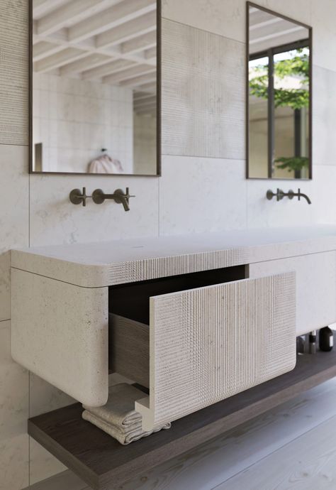 Davani + MERIDIAN collection | Luxury bath & spa collection | MERIDIAN WVS wall-mounted vanity with integrated sink Spa Vanity, Bathroom Interior Design Luxury, Luxury Vanity, Furniture Details Design, Wall Mounted Sink, Stone Bathroom, Bathroom Design Inspiration, Bathroom Inspiration Decor, Bathroom Spa