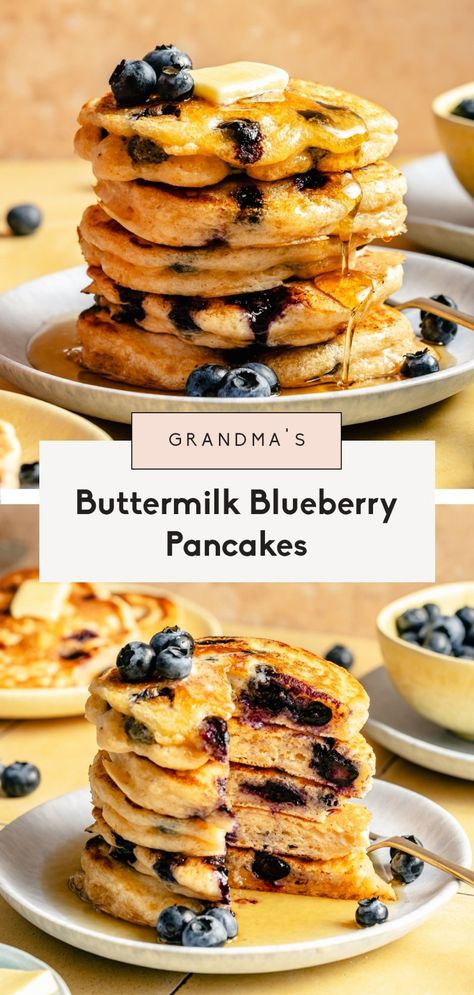 My Grandma Gloria's fluffiest buttermilk blueberry pancakes made with simple ingredients and lots of love. These pancakes are a staple in my house and even pack over 10g of protein and make the perfect breakfast for kiddos and adults! Add your fav topping and dig into this classic recipe. Blueberry Pancakes Easy, Oatmeal Protein Pancakes, Buttermilk Blueberry, Blueberry Buttermilk Pancakes, Blueberry Pancakes Recipe, Yogurt Pancakes, Dinner Side Dishes, Pancakes Easy, Blueberry Pancakes