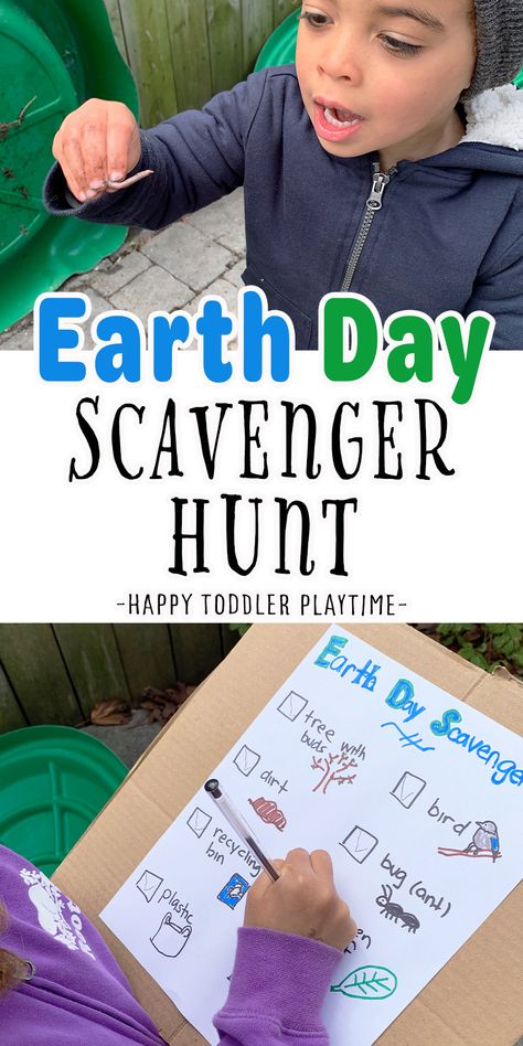 Easy Earth Day Scavenger Hunt - HAPPY TODDLER PLAYTIME Earth Day Scavenger Hunt Preschool, Earth Day Montessori Activities, Healthy Earth Activities For Preschool, Earth Toddler Activities, Earth Day Songs For Toddlers, Gross Motor Earth Day Activities, Earth Week Preschool Activities, Earth Day Movement Activities, Earth Sensory Activities