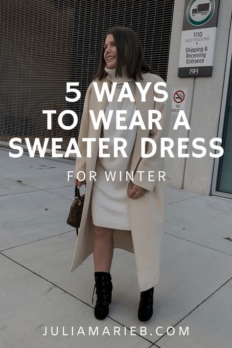 5 WAYS TO WEAR A SWEATER DRESS FOR WINTER: http://www.juliamarieb.com/2020/01/08/5-ways-to-style-a-sweater-dress:-the-rule-of-5/ | @julia.marie.b Sweater Dress Blazer Outfit, How To Wear White Dress In Winter, Styling A Dress For Winter, Womens Sweater Dress Outfits, Over Sized Sweater Dress Outfit, Off White Sweater Dress Outfit, Layered Sweater Dress Outfit, Plus Size Sweater Dress With Boots, Sweater Dress Outfit Winter 2023