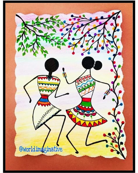 Madhubani Painting Drawing, Colourful Warli Painting, Varli Painting Art Simple, Madhubani Easy Art, Worli Painting Designs Easy, Madhubani Art Easy And Simple, Madhubani Art Simple, Easy Folk Art Painting, Madhubani Drawing Easy