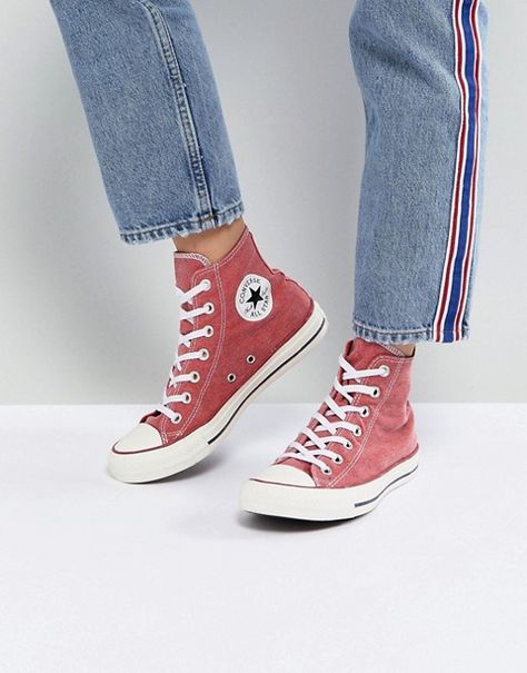 Converse | Converse Chuck Taylor All Star Hi Sneakers In Stonewashed Red. Sneakers by Converse. Classic high-top design. Lace-up fastening. Converse branding. Chunky sole. Geometric tread. #converse #chunky #sneakers #ChuckTaylor Mode Converse, Converse Classic, Dream List, Red Converse, Sneakers Converse, Fashion Aesthetics, Sneakers Mode, Red Sneakers, Aesthetic Shoes