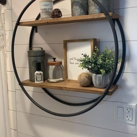 Dollar Tree Hula Hoop Farmhouse Shelf - The Happy Farmhouse Hula Hoop Shelf Diy, Hula Hoop Wall Decor, Above Toilet Decor Farmhouse, Bathroom Wall Shelf Decor, How To Decorate A Bathroom Shelf, Diy Bathroom Shelf Ideas, Hula Hoop Decoration Diy, Bathroom Wall Shelf Ideas, Hula Hoop Shelf