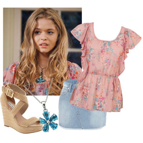 Alison DiLaurentis by agathapedotte on Polyvore featuring Forever 21, River Island, Steve Madden and EWA Alison Dilaurentis, Denim Mini, Denim Mini Skirt, Floral Blouse, River Island, Steve Madden, Forever 21, For Women, Floral