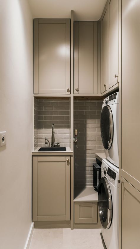 15 Narrow Laundry Room Ideas – The DIY Desire 4x8 Laundry Room Layout, Small Laundry Room Size, Tiny Utility Closet, Small Walkthrough Laundry Room, Tall Cabinets In Laundry Room, Small Long Laundry Room Ideas, Very Small Utility Room Ideas, Tall Washer And Dryer Laundry Room, Small Galley Laundry Room Ideas