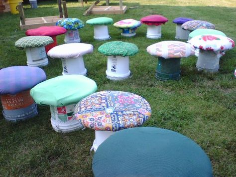 The mushrooms, provide both seating and decoration for the Maryland Faerie festival. Volunteers create them out of old 6 gallon buckets, recycled carpet padding, scrap lumber and fabric scraps. The Maryland Faerie Festival celebrates the faeries. We support and promote the work of keeping the magical world clean,beautiful and educated We try to make all the decorations out of recycled materials. Theater Props, Mushroom Chair, Mushroom Stool, Hippie Garden, Fairy Festival, Paint Buckets, Outdoor Classroom, Fairy Parties, Diy Chair