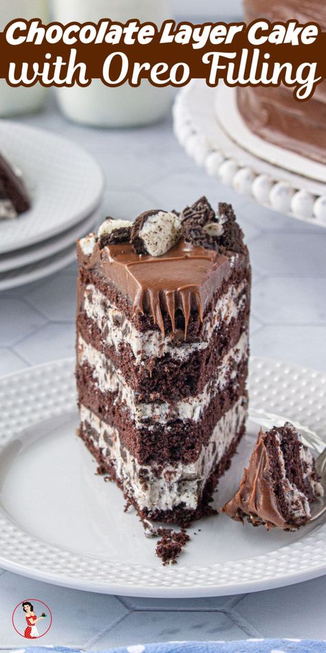 Homemade chocolate layer cake has a rich cookies and cream filling and chocolate frosting. So good! Funnel Cake Toppings, Oreo Cake Filling, Funnel Cake Bites Recipe, Easy Funnel Cake, Cake Bites Recipe, Cookies And Cream Filling, Cake With Cookies, Funnel Cake Recipe Easy, Chocolate Filling For Cake