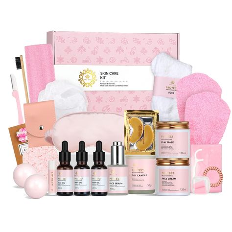 PRICES MAY VARY. 【Comprehensive Skincare Experience】 This gift set includes facial essentials like serum, cream, clay mask, and lipstick, as well as body care products like body oil and shower accessories, providing a one-stop solution for all your skincare needs. 【Natural & Gentle Ingredients】 Made with all-natural ingredients, it's gentle and suitable for all skin types. With different contains, you could find a perfect skincare routine in this gift set. 【Suitable for Multiple Age Groups】 Idea Skincare Kit Gift, Skin Care Presents, Skincare Birthday Gift, Gifts For 33 Year Old Women, Skin Care Sets & Kits, Birthday Basket Gift Ideas, Skincare Products Set, Facial Essentials, Best Birthday Gifts For Women