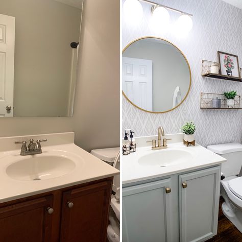 Before and after bathroom transformation Bathroom Makeover On A Budget Before And After, Bathroom Vanity Redo Before And After, Redo 70s Bathroom, Bathroom Diy Before And After, Before After Bathroom Renovation, Sit Bathroom Makeover, Bathroom Vanity Before And After, Renovated Bathrooms Before After, Before After Bathroom Remodel