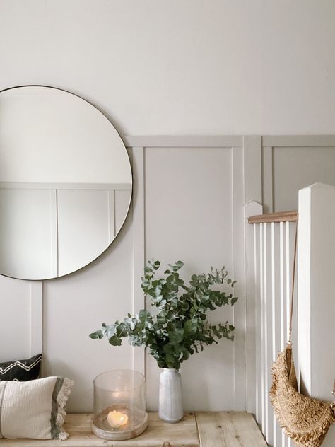 Transforming my 1930s house hallway with DIY panelling, ammonite paint from Farrow & Ball and some scandinavian inspired decorative accessories from Cox & Cox creating a light, bright and fresh space with a boho interior #hallway #hallwaydecor #largecircularmirror #homerenovation #diypannelling #hallwaypannelling #ammonitepaint #rattanpendantlight Ammonite Paint, Diy Panelling, Hallway Transformation, Hallway Colours, Hallway Inspiration, Hal Decor, Hallway Designs, Hall Decor, Small Hallways