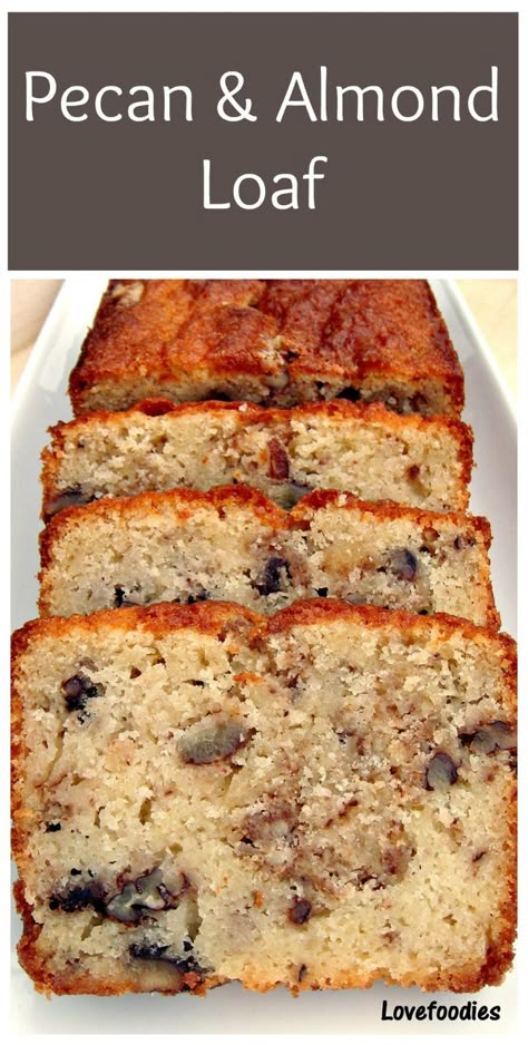 Moist Pecan Almond Loaf Cake. The flavor combo is just divine! Thanksgiving Loaf, Almond Loaf Cake, Almond Loaf, Loaf Cake Recipes, Delicious Thanksgiving, Loaf Of Bread, Bread Recipes Sweet, Loaf Cake, Almond Cakes