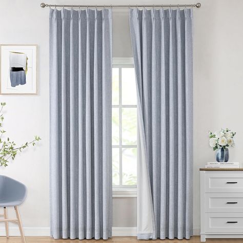 Pinch Pleat Drapes, Light Blue Curtains, Pinch Pleat Drape, Beige Curtains, Blue Drapes, Pleated Drapes, Pinch Pleat Curtains, Curtain Room, Luxury Curtains