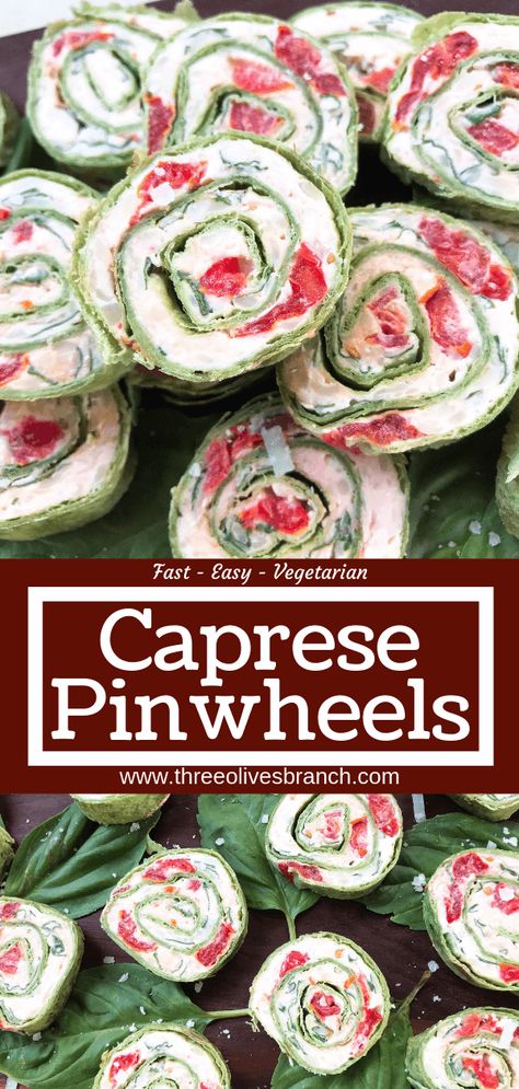 Fast and simple appetizer recipe. Caprese Pinwheel Roll Ups are filled with cream cheese, tomatoes, fresh basil, mozzarella, and Parmesan rolled up in tortillas and sliced into party finger food bites. Vegetarian. #caprese #appetizerrecipes #vegetarianrecipes Caprese Roll Ups, Kosher Appetizers For Party, Caprese Pinwheels, Pinwheel Roll Ups, Appetizer Recipes Vegetarian, Party Finger Food, Vegetarian Party, Easy Finger Food, Vegetarian Party Food