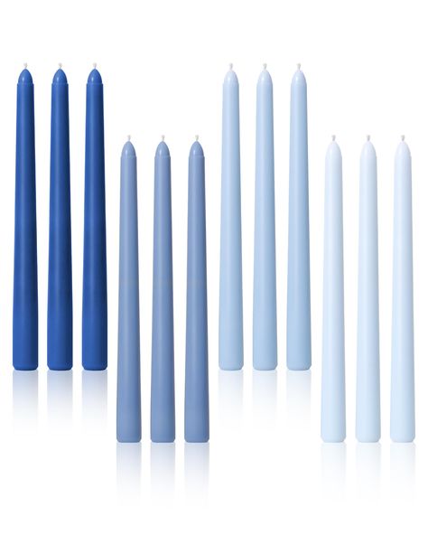 PRICES MAY VARY. Timeless tapered design: these taper candles feature the timeless and elegant design of candlesticks, with a slender and tall shape. Hand-poured taper candle that adds sophistication to any setting. Blue ombre shade: these taper candles are decorated in an attractive blue ombre color scheme, starting with a deep blue on the first candle and gradually transitioning to sky blue of the fourth. This unique color adds a striking visual element to your home decor or wedding decor. Ext Unique Color Schemes Wedding, Blue Christmas Baby Shower Ideas, Blue Themed Party, Candlesticks Wedding, Taper Candles Wedding, Blue Taper Candles, French Blue Wedding, Denim And Pearls, Blue Table Settings