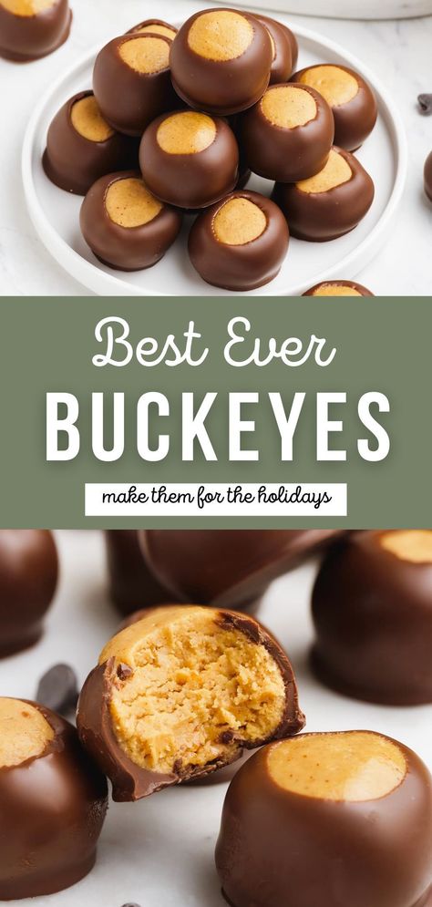 A perfect marriage of peanut butter and chocolate make Ohio-famous Buckeyes a no-bake masterpiece. Similar to Peanut Butter Balls, Buckeyes are made with creamy peanut butter, sweet powdered sugar and butter, rolled into balls and partially dipped into melted chocolate, leaving just a little bit of peanut butter exposed – making them look just like real buckeyes. Buckeyes Recipe, Peanut Butter Dessert Recipes, Peanut Butter Balls Recipe, Butter Balls, Chocolate And Peanut Butter, Peanut Butter And Chocolate, Homemade Sweets, Peanut Butter Desserts, Christmas Candy Recipes